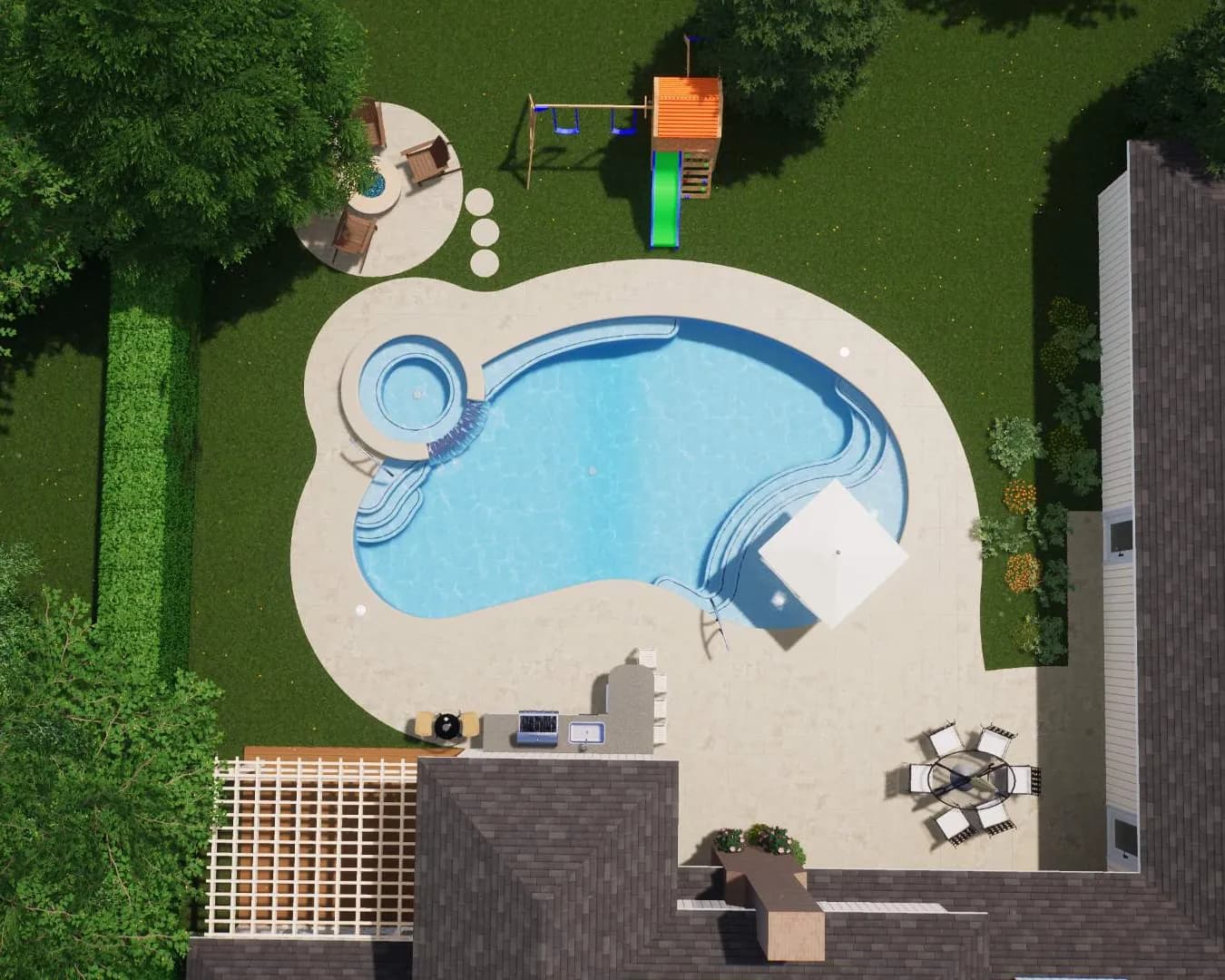 3D design rendering of a custom freeform pool with spa, slide, outdoor kitchen and pergola by Costa Maya Pools