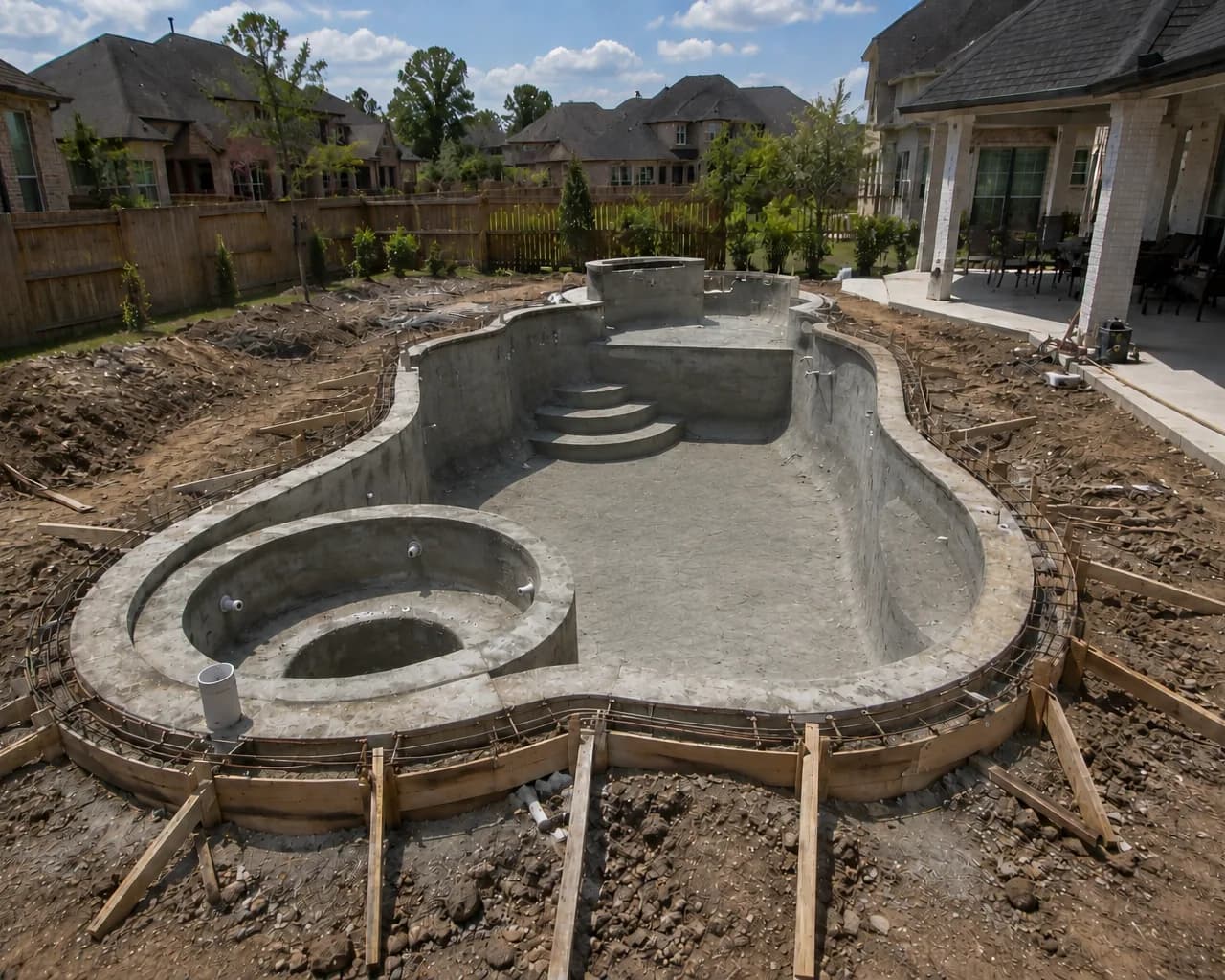 Gunite pool shell with spa, steps and rebar formwork during construction in a Houston-area backyard