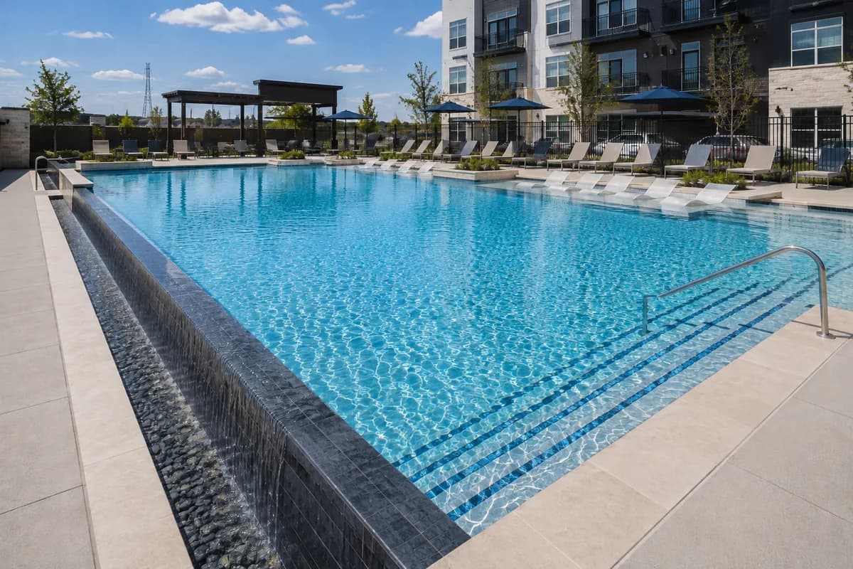 Large commercial amenity pool with lounge chairs and shade structures at an apartment community