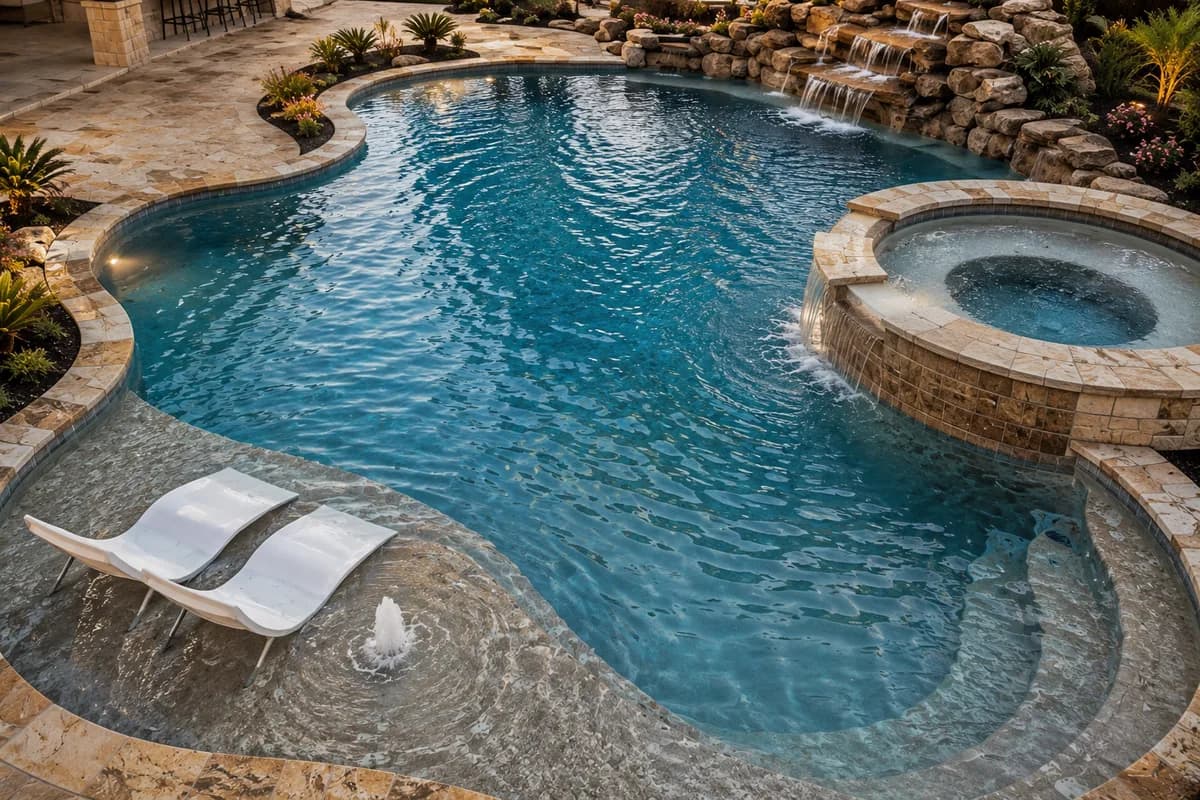 Freeform lagoon pool with rock waterfall, raised spa and in-water lounge chairs